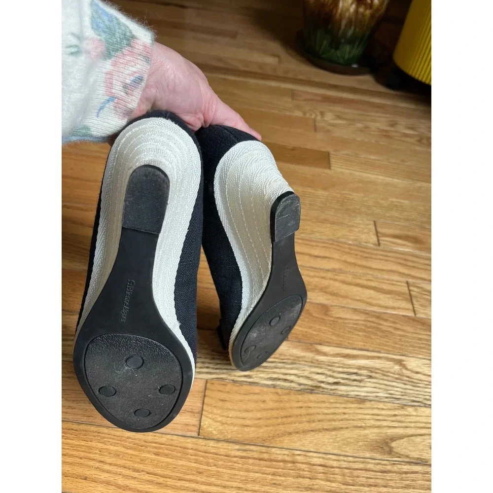 Etienne Aigner Digit Black Canvas Peep Toe Wedge Heels with Bow Size 6.5M
